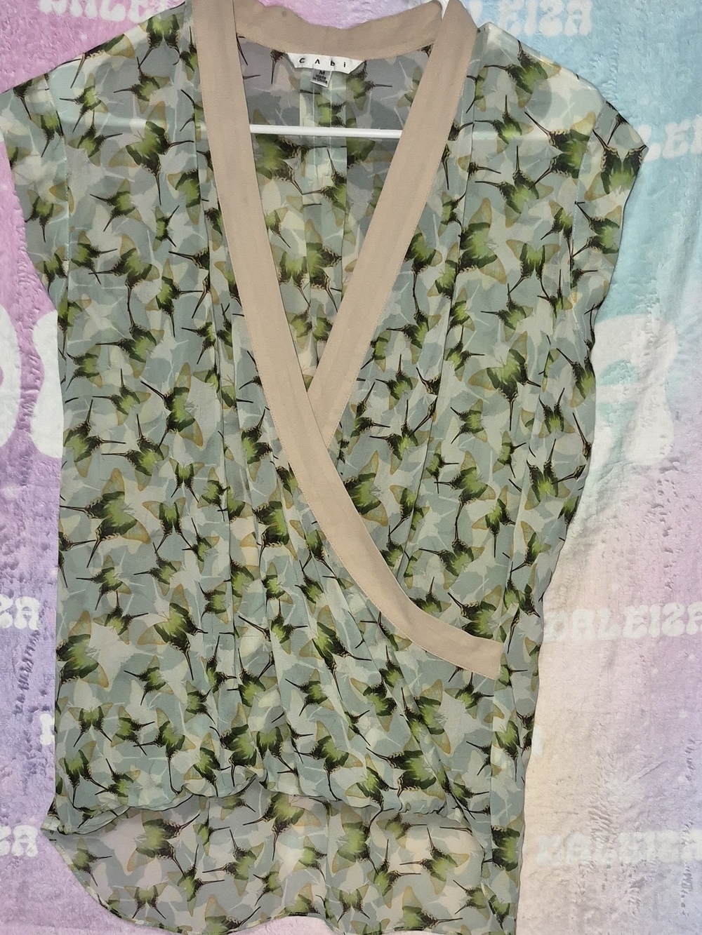 CAbi Green Floral Wrap V-Neck Blouse